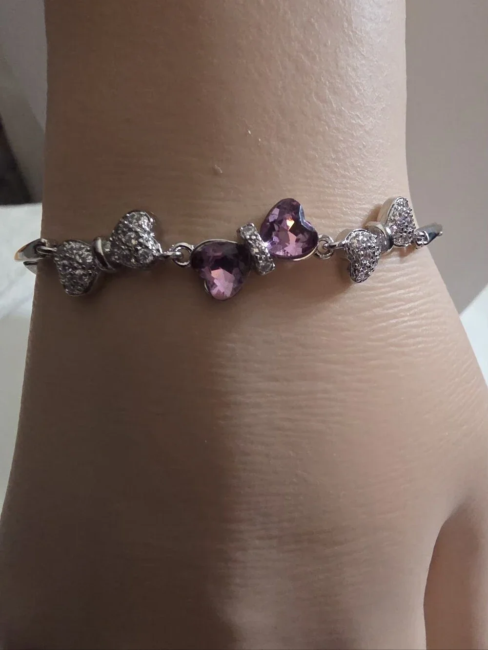 Sterling Silver Purple Heart Bracelet, 925 Silver Heart Link Bracelet, Lavender